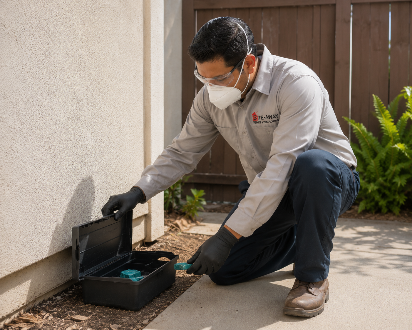 Bite Away technician placing a rodent bait station outside a San Diego home