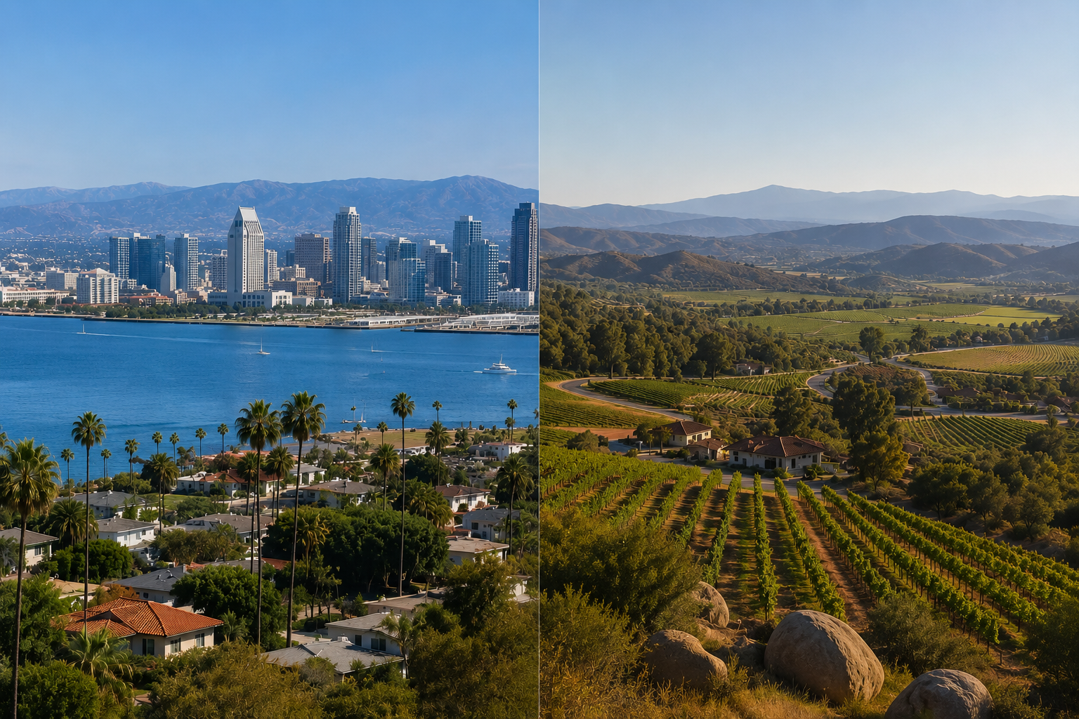 San Diego skyline and Temecula valley vineyards — Bite Away service areas