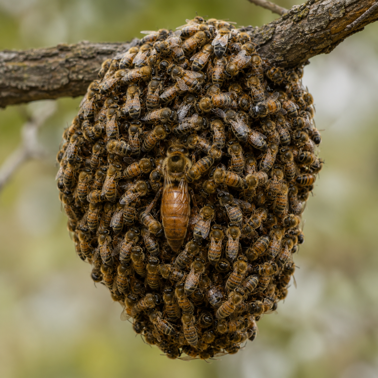 Honey bee swarm with queen on a tree branch
