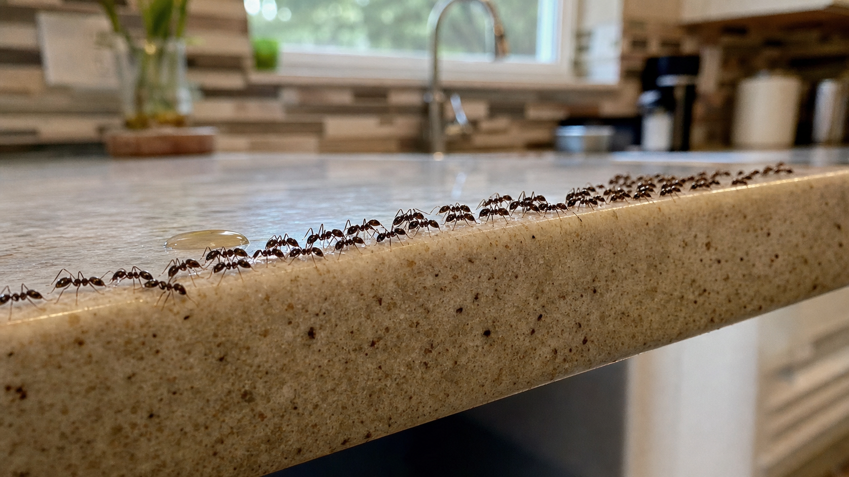A long trail of small brown Argentine ants marching along a kitchen countertop edge past a drop of water