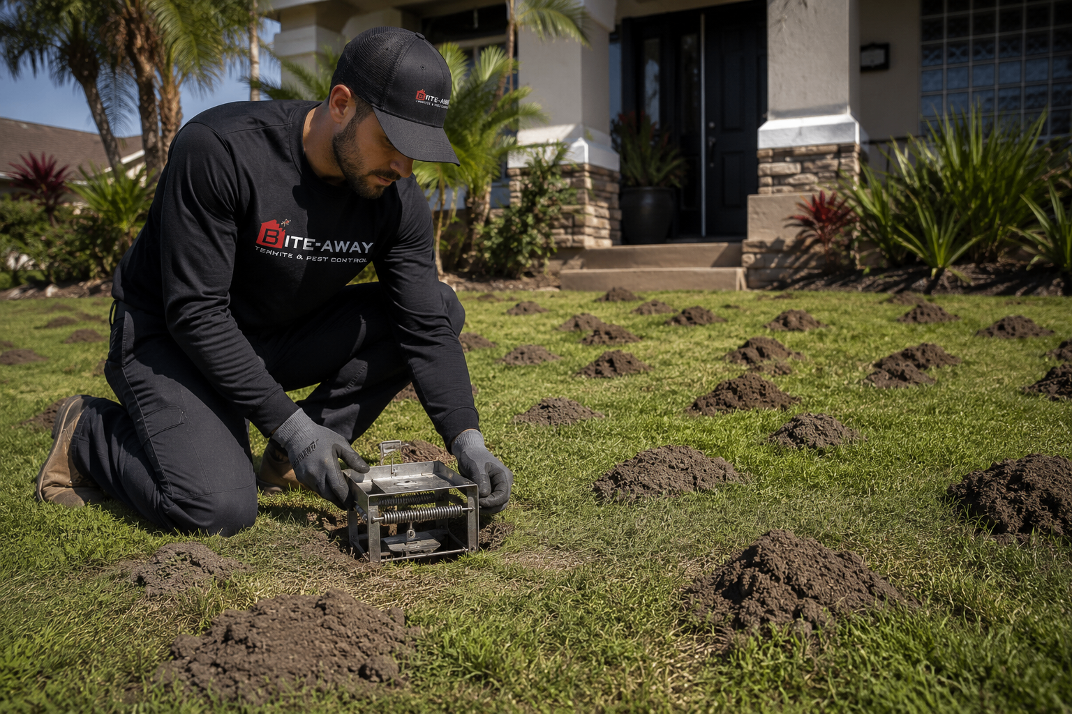 Bite Away technician setting a professional gopher trap in a San Diego front lawn covered in fresh dirt mounds