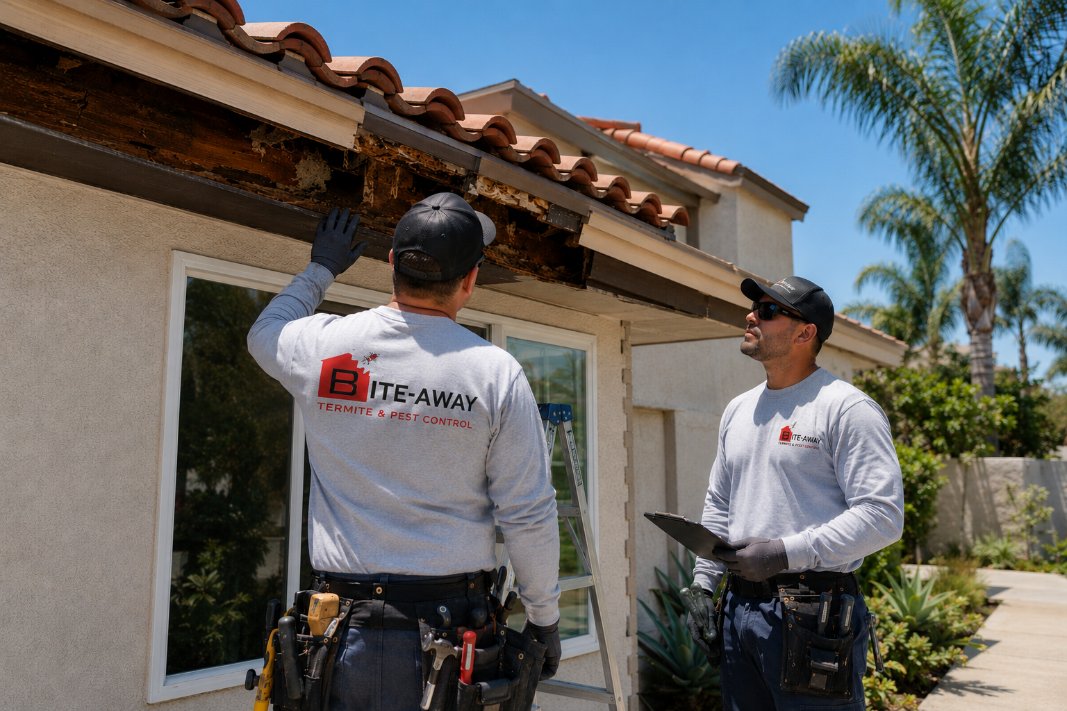Two Bite Away technicians inspecting termite-damaged fascia board under the roof eave of a San Diego home