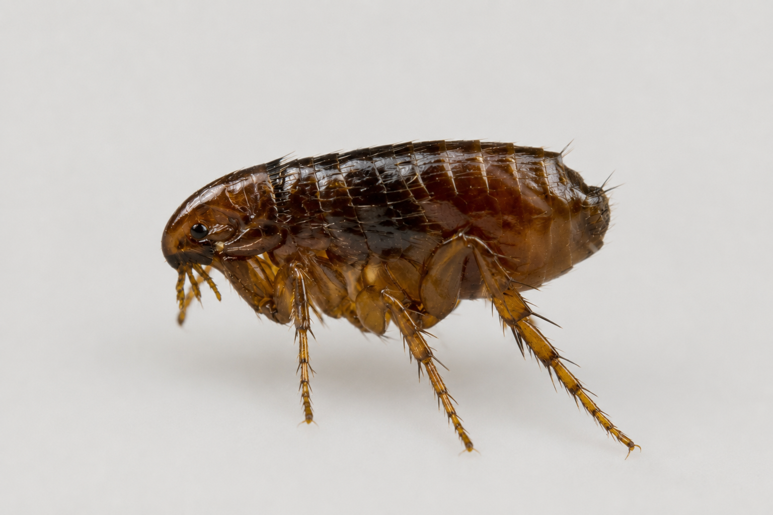 Close-up of a flea on a light background