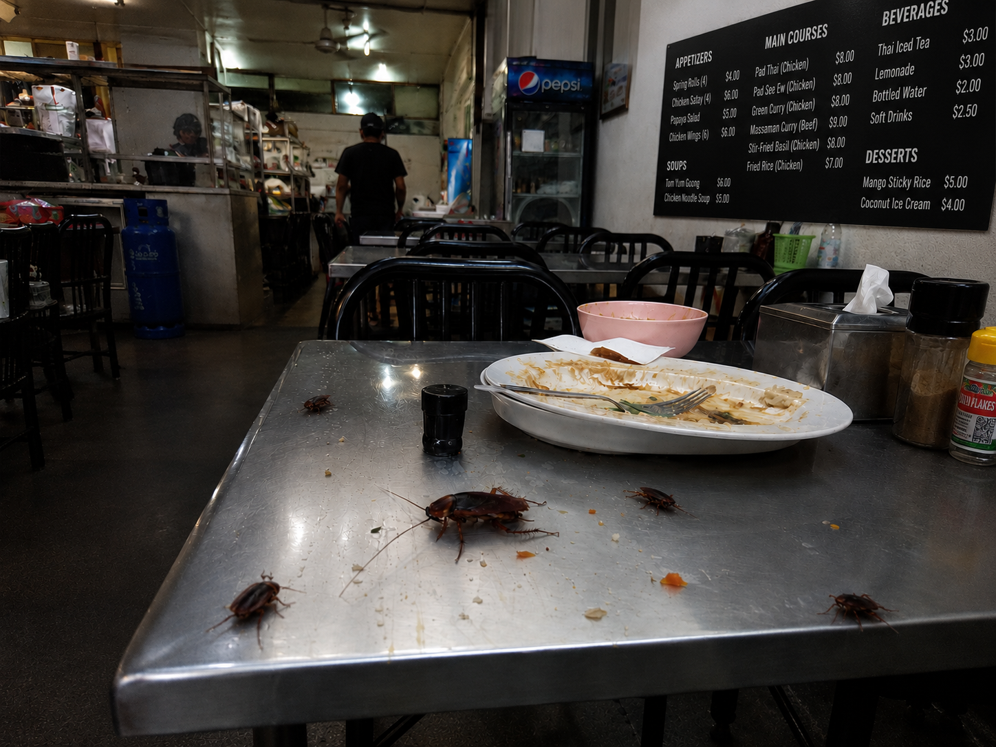 Cockroaches on a stainless steel restaurant table next to a used plate