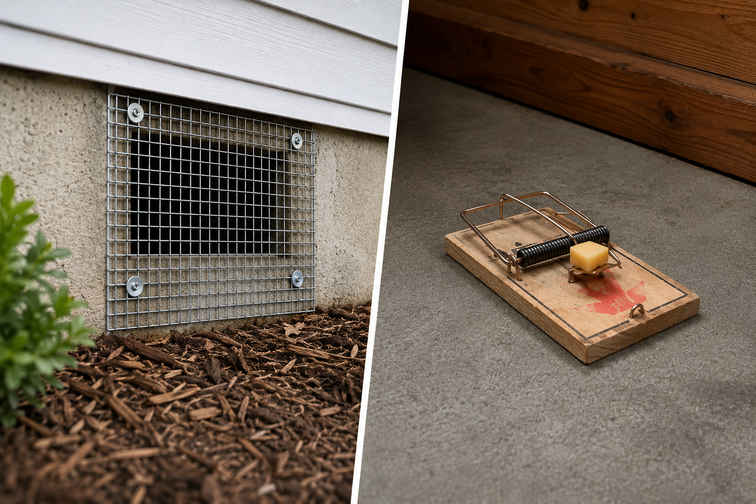 A sealed foundation vent with rodent exclusion mesh beside a baited snap trap on a garage floor