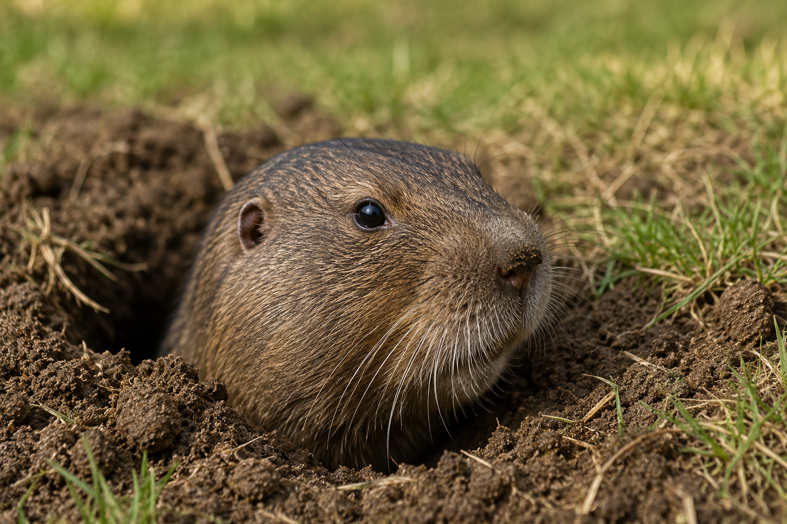 Pocket gopher peeking out of a fresh burrow in a San Diego lawn