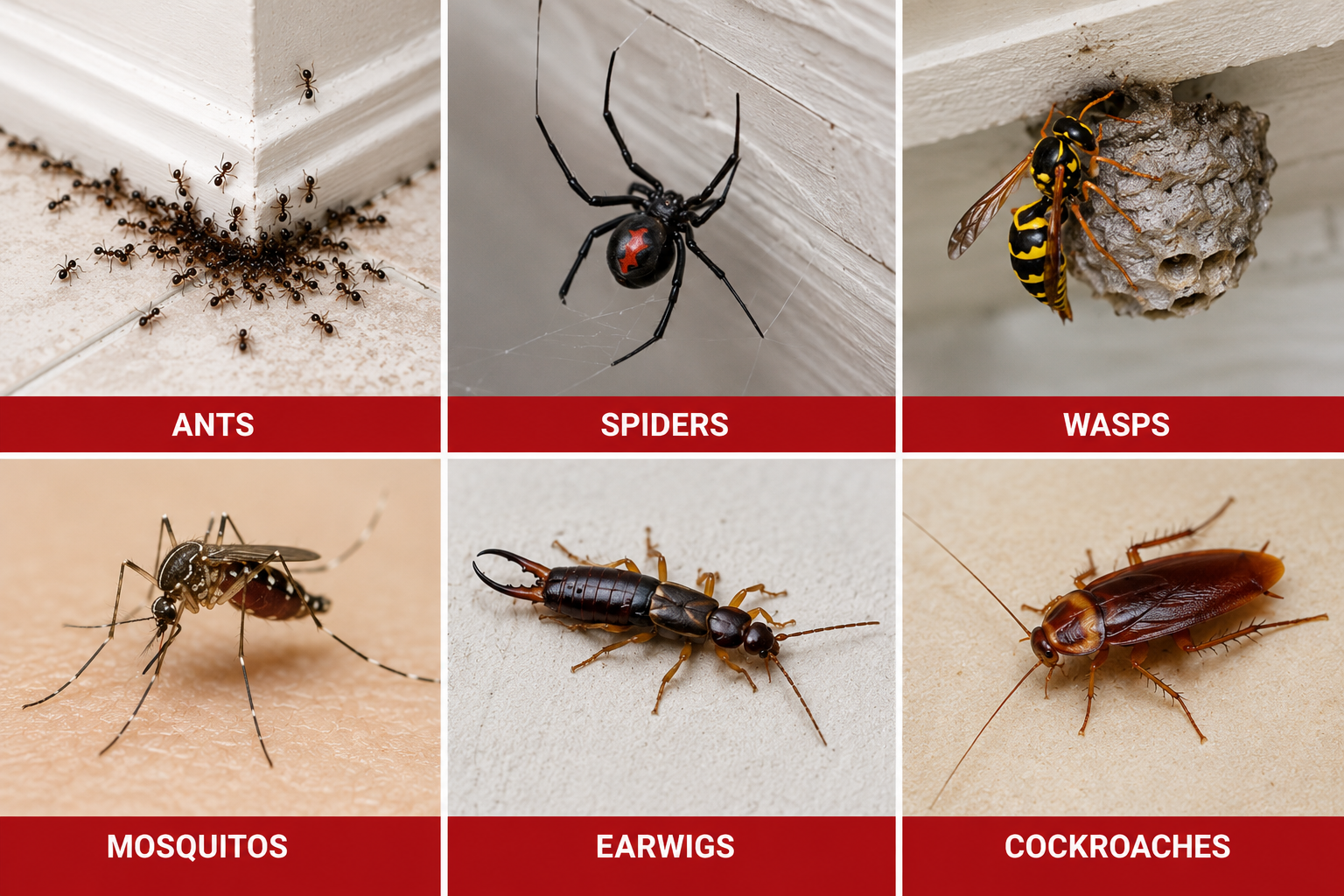 Grid of six common San Diego summer pests: ants, spiders, wasps, mosquitos, earwigs, and cockroaches