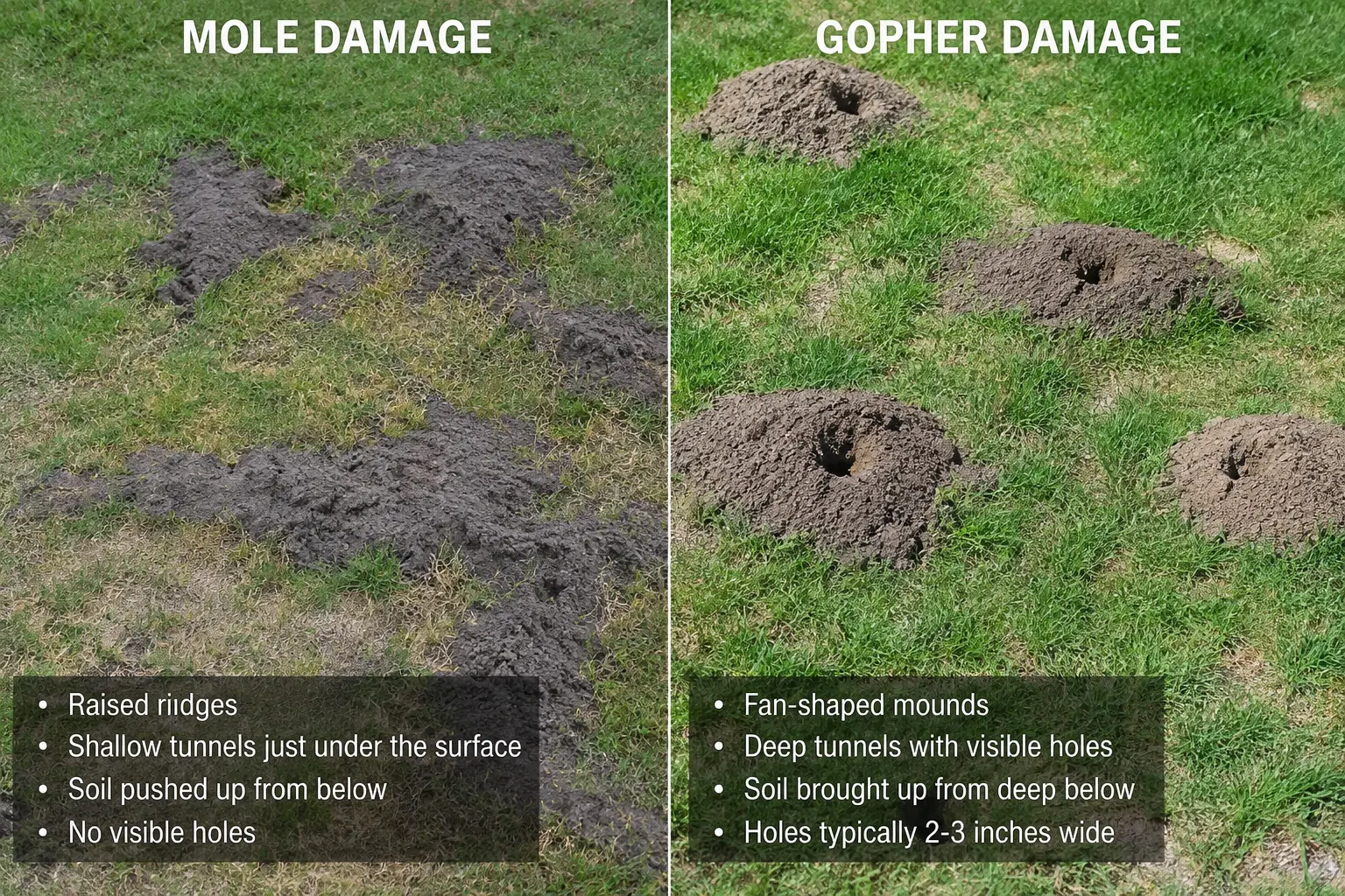 Side-by-side comparison of mole damage with raised ridges and gopher damage with fan-shaped dirt mounds in a lawn