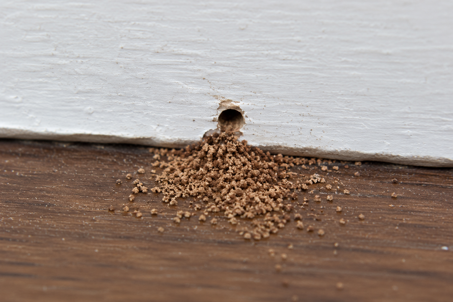 Drywood termite kick-out hole with frass