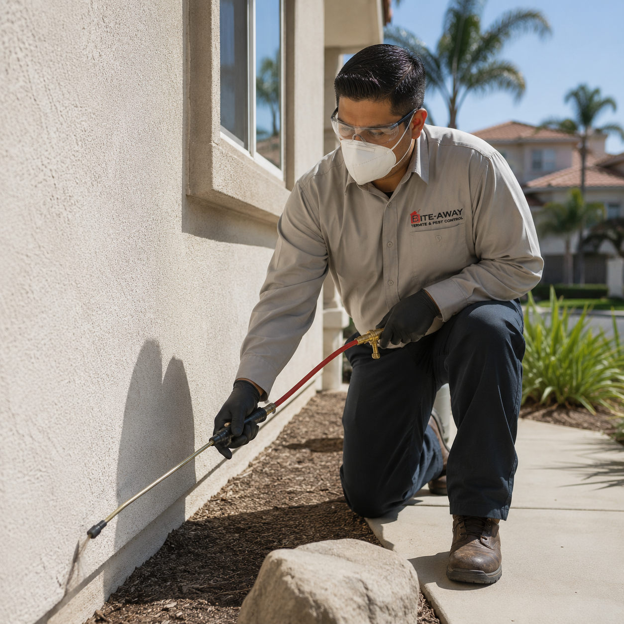 Bite Away pest control technician treating a San Diego home