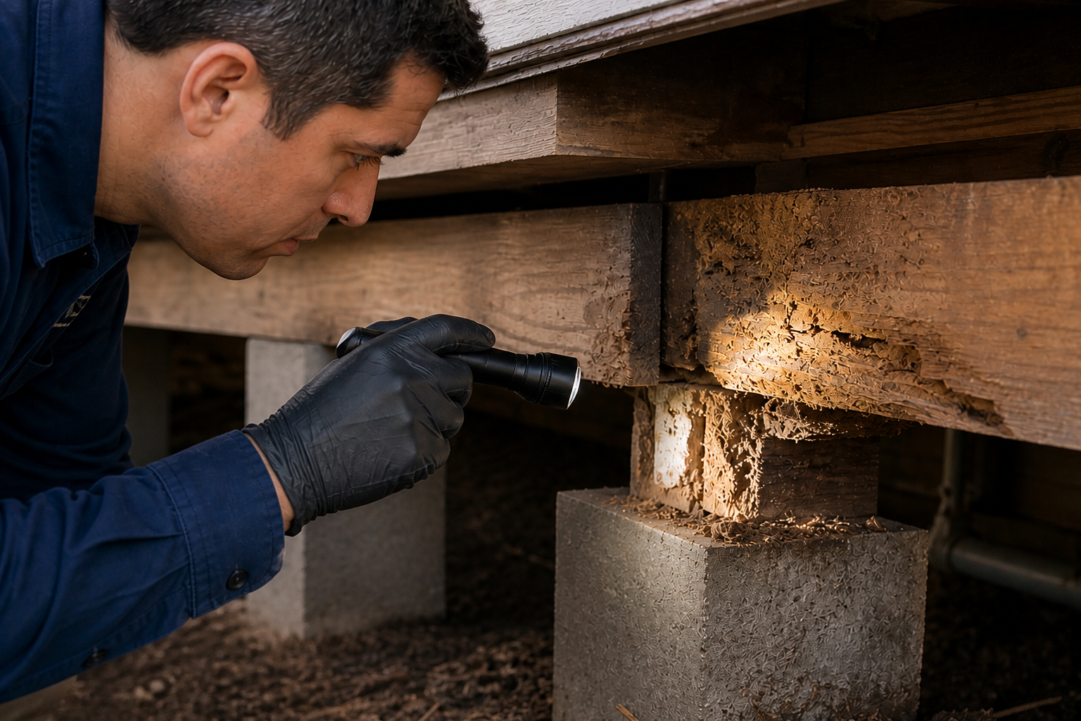 Licensed termite inspector examining wood damage with a flashlight during an escrow inspection in San Diego