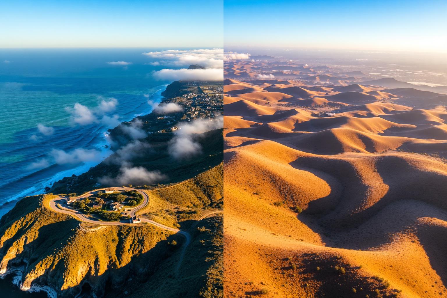 Aerial view contrasting coastal and inland San Diego