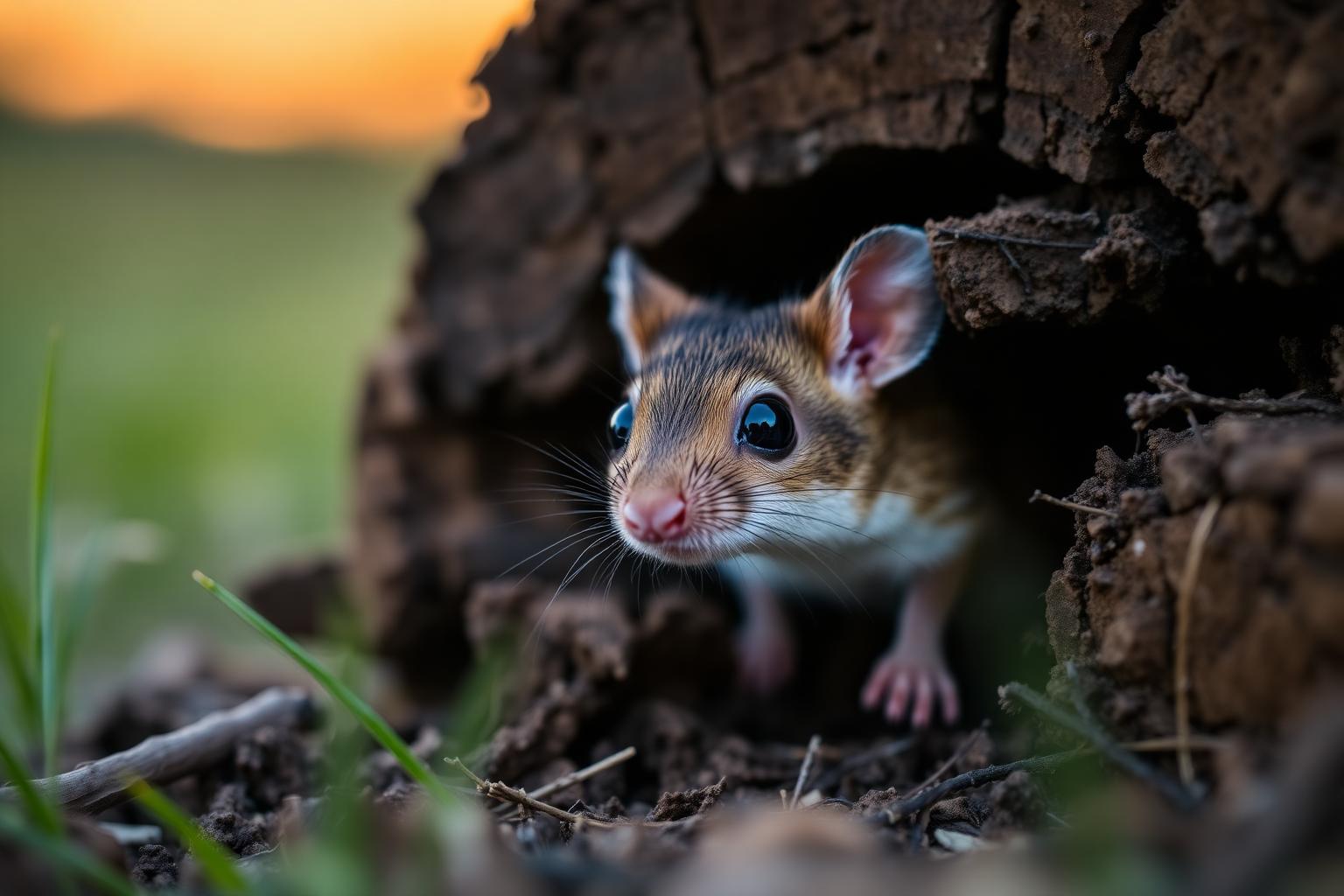 Deer mouse peeking out from a wood pile