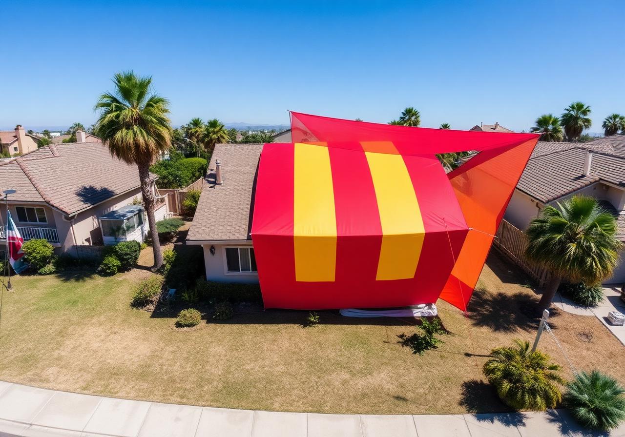 Aerial view of a San Diego home tented for termite fumigation