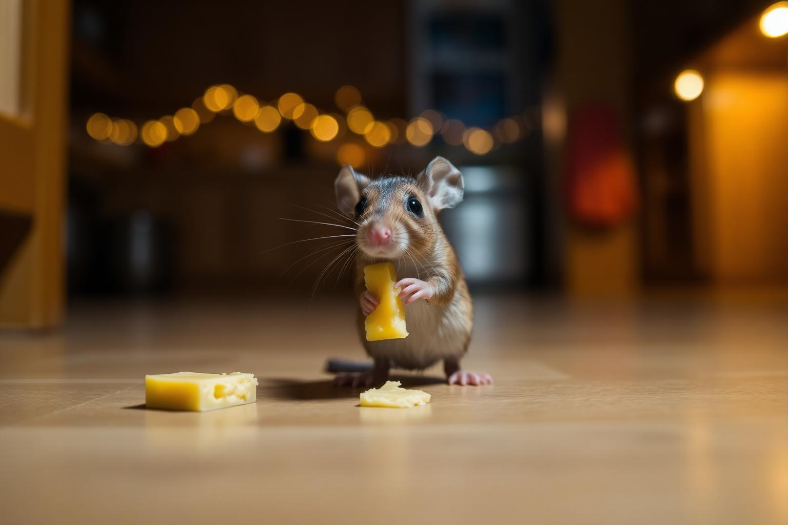 A clever house mouse standing upright on a kitchen floor at night