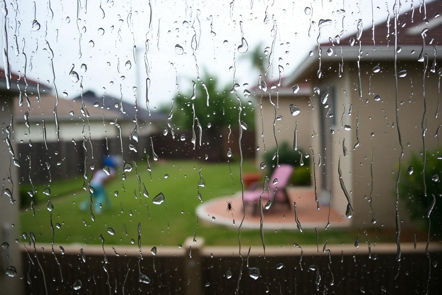 Rain streaming down a window over a San Diego backyard