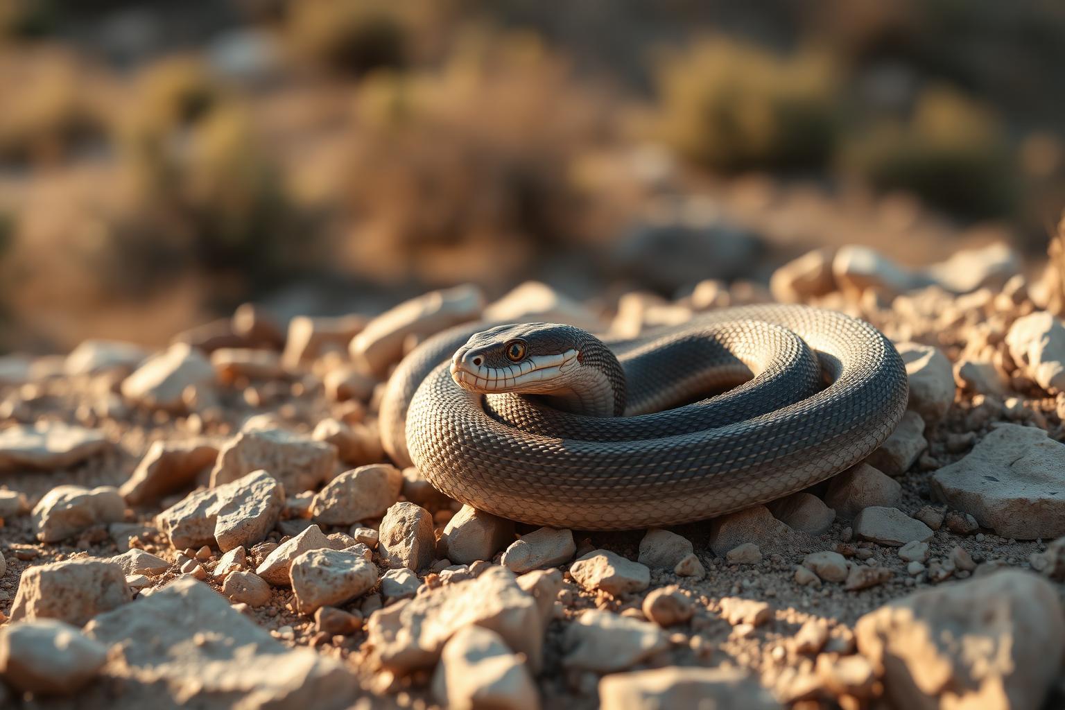 Coiled rattlesnake on rocky Southern California hillside