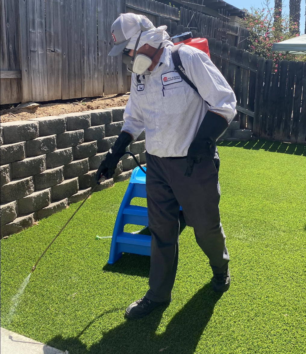 Pest technician treating perimeter of yard