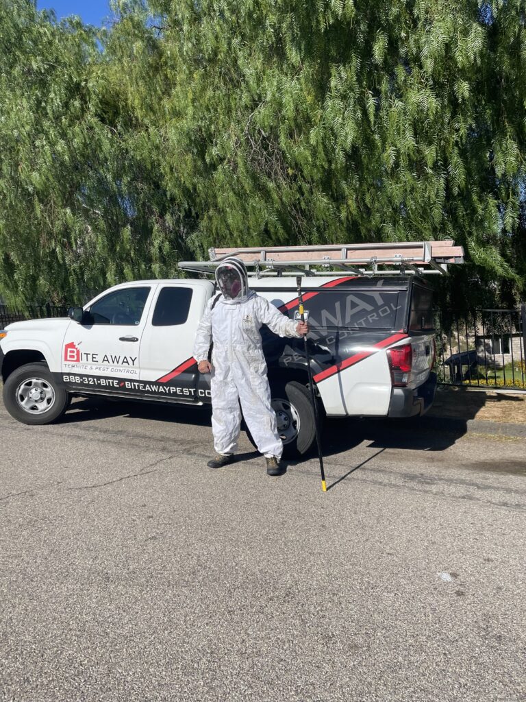 Bite Away pest technician in bee suit