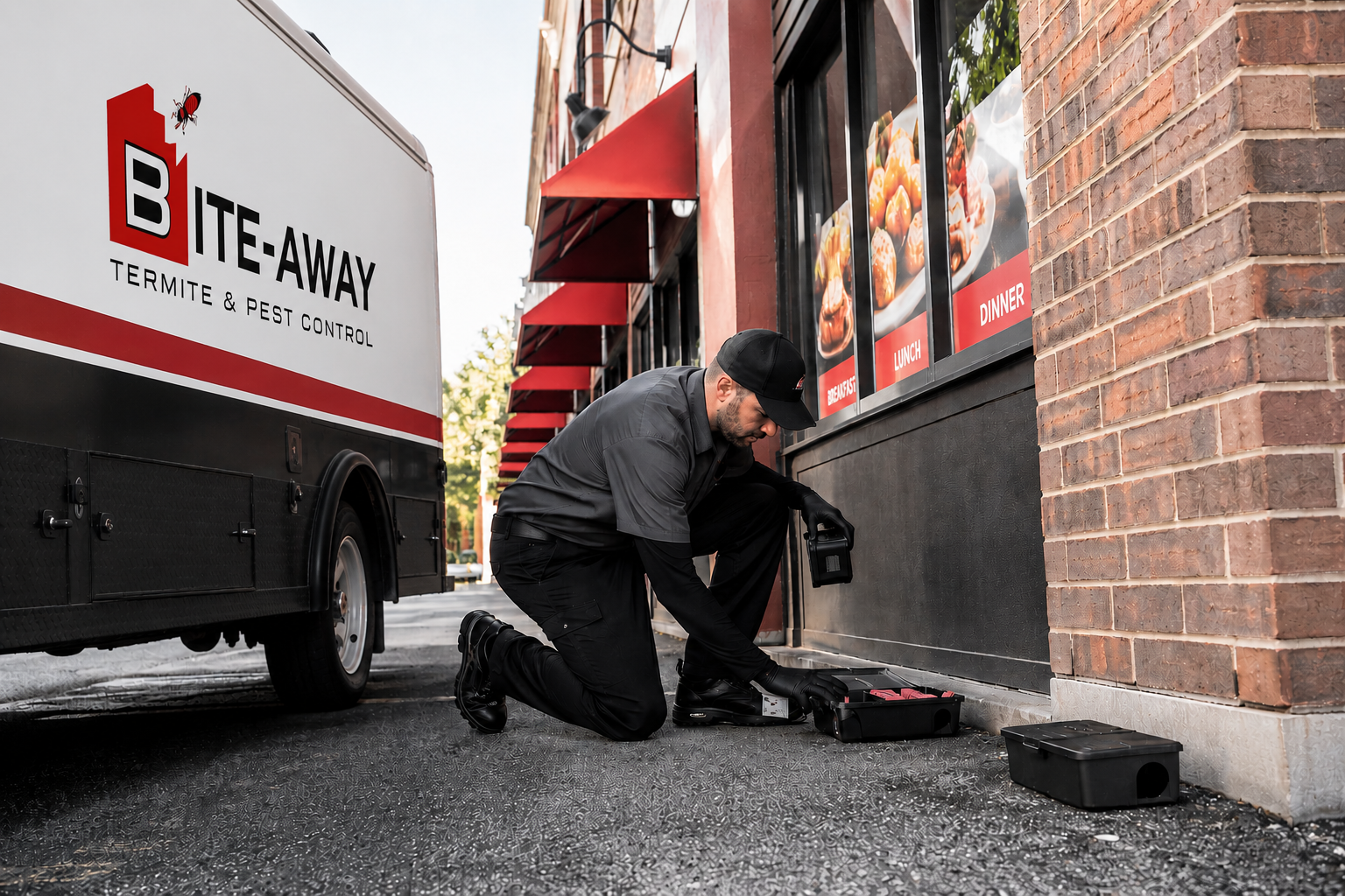Pest-control technician kneeling by a sidewalk toolbox outside a restaurant, preparing equipment beside a white BITE-AWAY van.