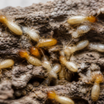 termite photo from chatgpt for blog post - BITE AWAY TERMITE AND PEST CONTROL, INC. Group of pale termites swarming and feeding on rough wood surface.